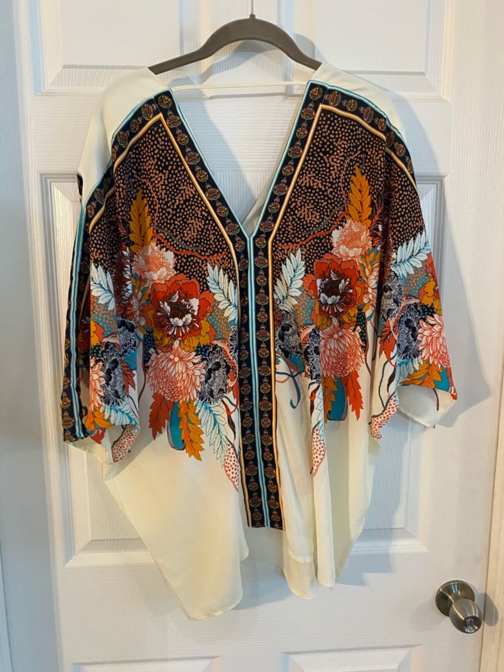 Boho Floral Kimono Top - Ivory with Orange & Teal Floral Print